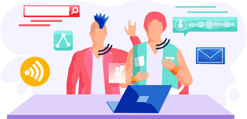 Voice assistant. Smart speaker virtual assistant, sound robot, people using voice controlled smart speaker. Voice activate digital assistant identification control contactless mobile device microphone