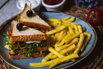 Delicious club sandwich with vegetables, ham, cheese and fried toast.
