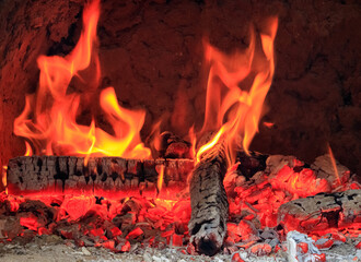 burning wood in the fireplace