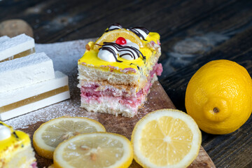 lemon strawberry cake made of several layers of cakes of different flavors