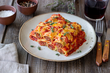 Cannelloni with meat, cheese, tomatoes and thyme. Italian cuisine.