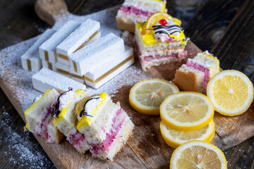lemon strawberry cake made of several layers of cakes of different flavors