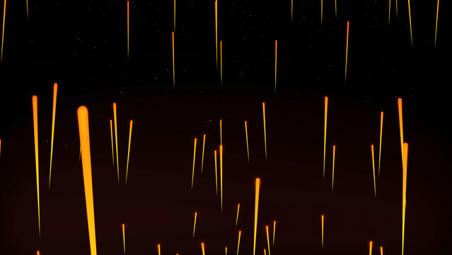 Rain of fire of fireballs or comets raining down setting ground aligh. Abstract animation of fire rain