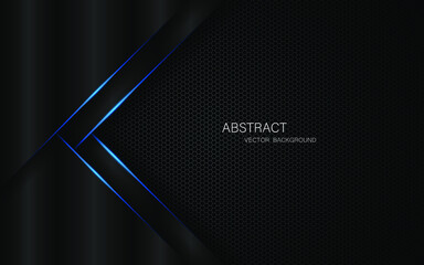 Abstract black polygon with blue lines on dark steel mesh background and free space for design.
