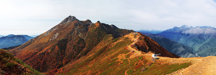 Beautiful panorama of mountains, freedom and beauty of nature. Autumn view of the Caucasus...