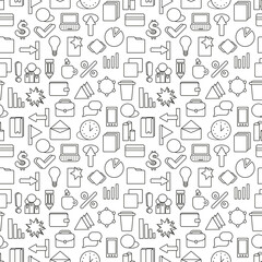 Different line style icons seamless pattern. Bussines, managment template. Business strategy wallpaper. Black and white marketing seamless pattern.