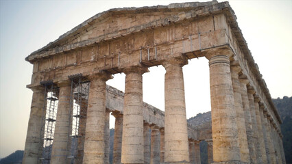 Restoration of Acropolis of world historical heritage. Action. Antique columns of dilapidated...