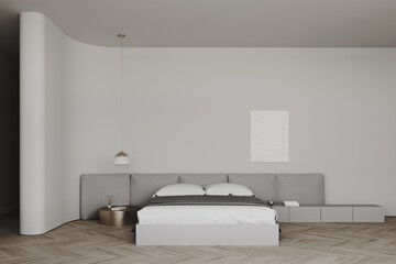 Fototapeta premium 3d render of a minimalistic classic style bedroom or hotel room, bas-relief on the wall, wooden parquet, gold round coffee table, decoration. Mockup frame