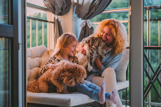 a little, happy girl, a child with a smile plays on a summer, spring vernada at home with mom and a dog at sunset. family weekend evening. Cat, dog, pets as a family member.