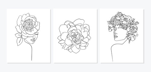 Set of faces with flower. Abstract minimal portrait. - Vector illustration