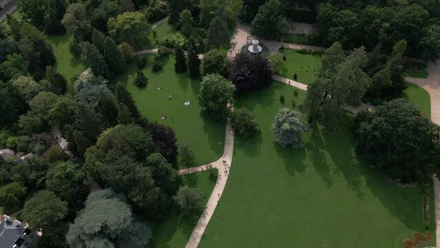 Aerial top-down forward over Thabor gardens, Rennes in Brittany, France
