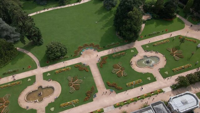 Thabor gardens at Rennes in France. Aerial top-down sideways