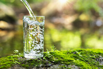 Pour water into glass on green grass in nature - obrazy, fototapety, plakaty