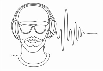 continuous line drawing of man listening music in headphones wuth sound wave. Can used for logo, emblem, slide show and banner.