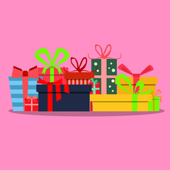 Big pile of colorful wrapped gift boxes , flat vector illustration