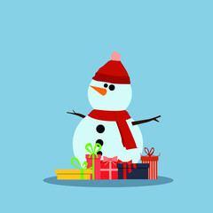 Christmas background with snowman and gift boxes , flat vector illustration