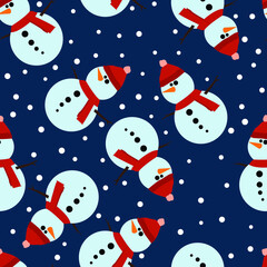 Snowman Seamless Pattern Background, Flat Christmas Vector illustration