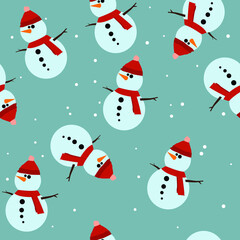 Snowman Seamless Pattern Background, Flat Christmas Vector illustration