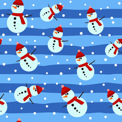 Snowman Seamless Pattern Background, Flat Christmas Vector illustration