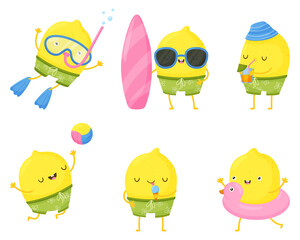 Fun summer elements. Cute lemons are having fun. Illustrations of summer fun in the pool, at the sea and on the beach.