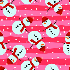 Snowman Seamless Pattern Background, Flat Christmas Vector illustration