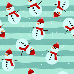 Snowman Seamless Pattern Background, Flat Christmas Vector illustration