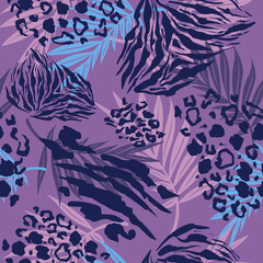 Abstract leaves Seamless Pattern with animal print, Tiger, Safari Leopard and Zebra Skins © asgraphics13