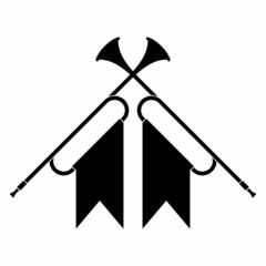 Horn trumpets icon musical instrument isolated on white background. Royal fanfare with triumphant flag for play music. Vector illustration