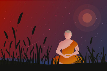 Thai monk is meditating by the river in the middle of the night, flat vector illustration