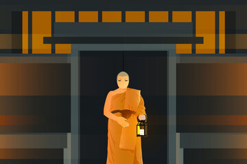 Thai monk holding a lantern, flat vector illustration
