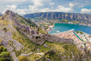 Montenegro. Bay of Kotor, Gulf of Kotor, Boka Kotorska and walled old city. Fortifications of Kotor is on UNESCO World Heritage List since 1979