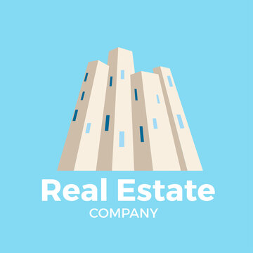 Buildings and skyscrapers on blue sky. Residential and Commercial Real Estate. Creative vector logo and illustration