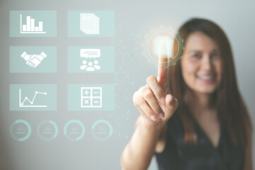 Concept of business finance analysis, solution and business planning, finance analyst working and digital data on visual screen technology, digital analyzing sales data and data online network.