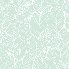 Seamless pattern from leaves and flowers. Green and white background.