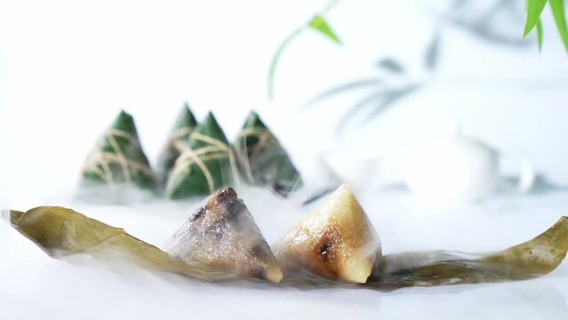 The traditional food of the Dragon Boat Festiva, glutinous rice wrapped in bamboo leaves like art