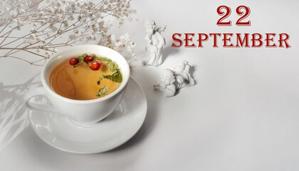 calendar date on light background with a porcelain cup of green tea, white gypsophila and angels with copy space. September 22 is the twenty-second day of the month