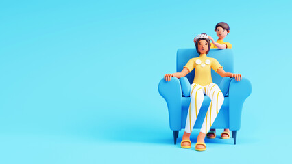 3D Render Young Boy Wear Crown To His Mom At Sofa And Copy Space On Blue Background.