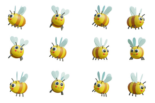 Cute bee in cartoon style isolated on white background. Rendering. 3D assembly - clipping path.