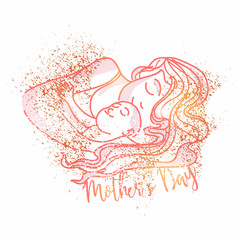 Mother's Day Concept With Linear Style Mom And Her Baby Lying Down On White Background.