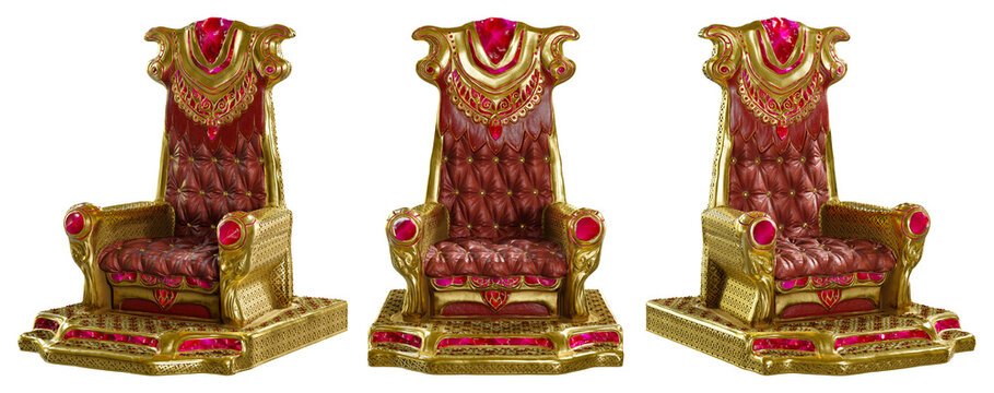 The set of the antique golden king's throne is rendered in 3D and isolated on a white backdrop.