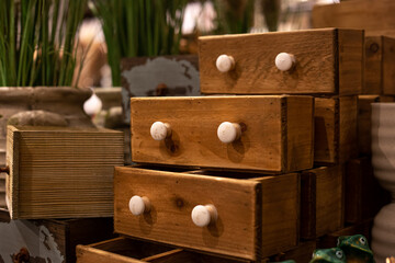 Close-up, wooden boxes for the house, home decor detail.