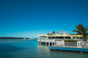 Fototapeta na wymiar Dining restaurant and bar on the water Islamorada, Florida Keys