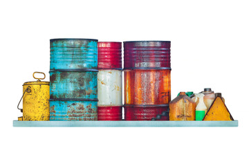 Assortment of chemical waste barrels and containers isolated on a white background