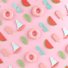 Creative Summer beach party concept on pastel pink background. 3D Illustration of ice cream, ball, watermelon, sunglasses, palm leaf, boat and float.