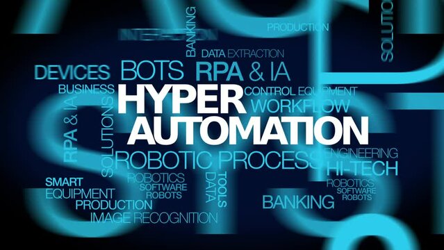 Hyperautomation IA hyper automotion RPA robotic, process automation finance words tag cloud text blue