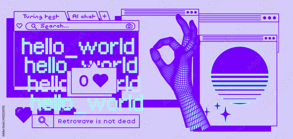 Poster Retrowave style desktop screen with different user interface elements: message boxes and tabs.
