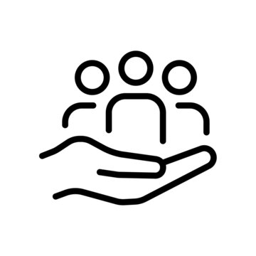 Safe peoples symbol. Hand holds people. Icon vector illustration in outline style