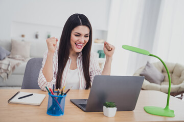 Portrait of attractive trendy cheerful lucky long-haired woman using laptop rejoicing having fun at...