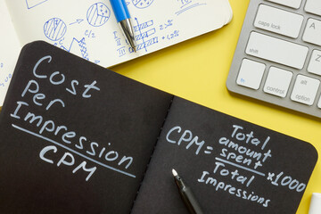 Handwritten CPM formula in the notepad. Cost per impression.