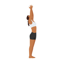 Woman doing Upward salute pose urdhva hastasana exercise. Flat vector illustration isolated on white background